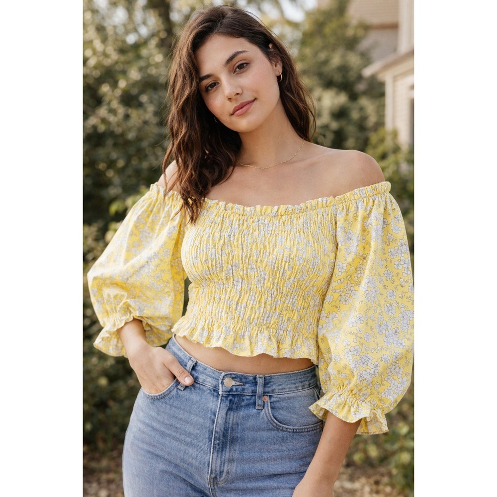 Floral Ditsy Print Smocked Crop Top Puff Sleeve Freshman 1996 Yellow XL  Boho